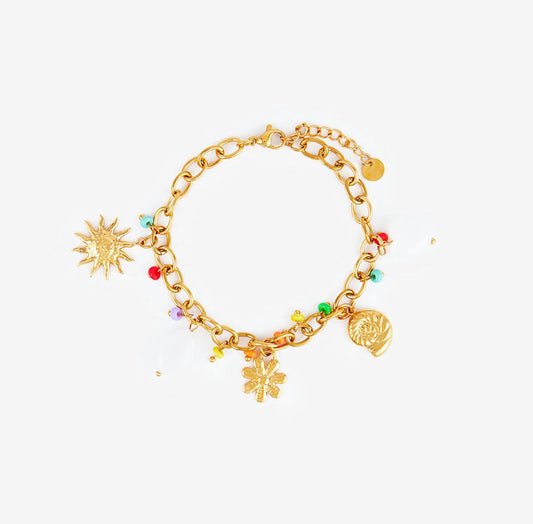 Bracelet avec pendentif Soleil, pierre naturelle et fleur